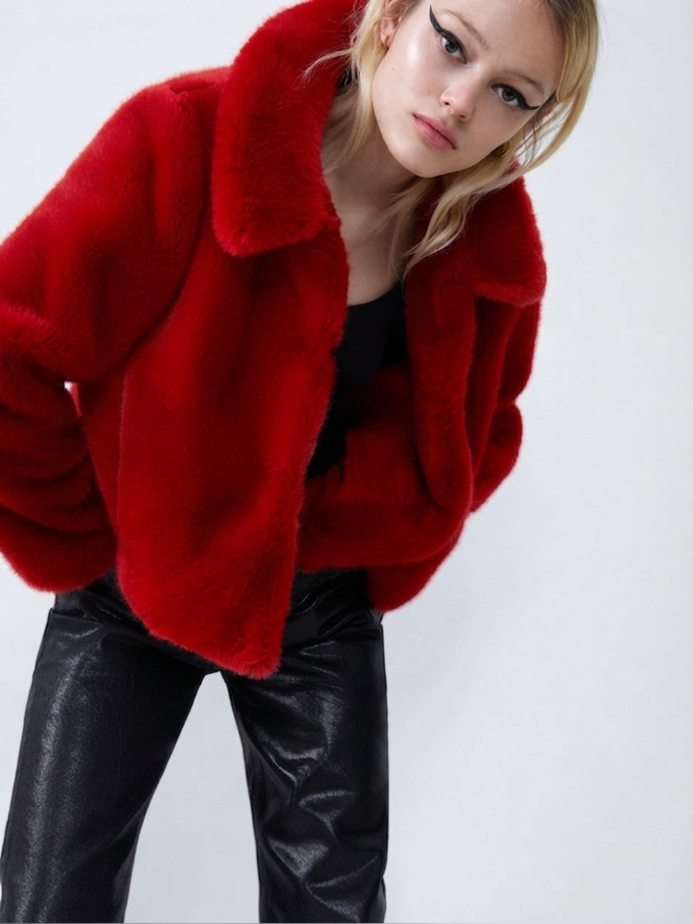 Red faux fur cropped coat
